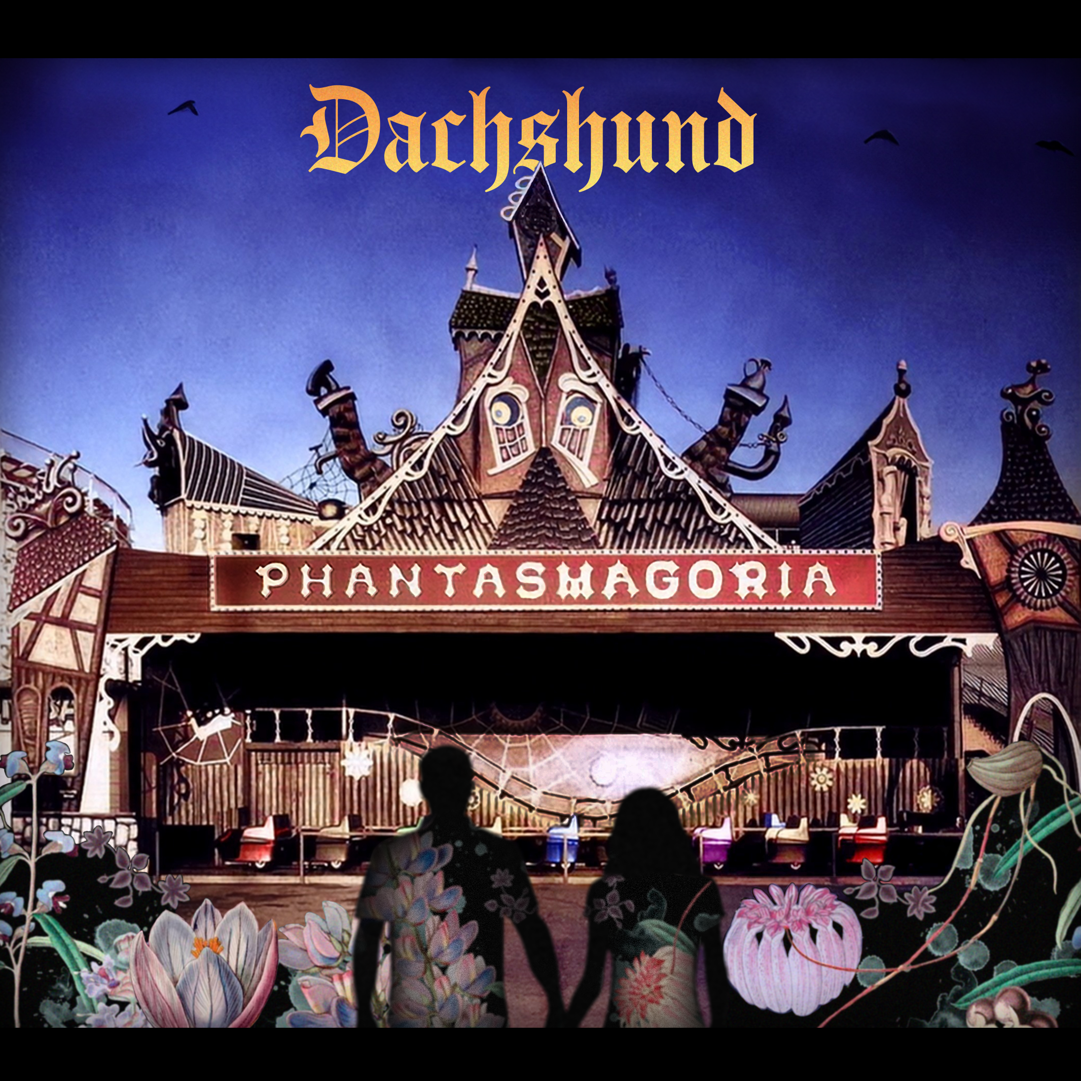 A depiction of the "Phantasmagoria" Album Cover: A photograph of a couple leaving a fantastical garden to approach an elaborate haunted-house amusement-ride. On either side of the cover rests an oversized carnival-ticket.